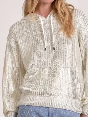 Elan Cream Metallic Knit Hoodie Pullover size M $109